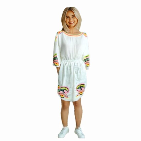 Boden Briana Embroidered White Linen Dress, Size US 10 - Picture 1 of 8